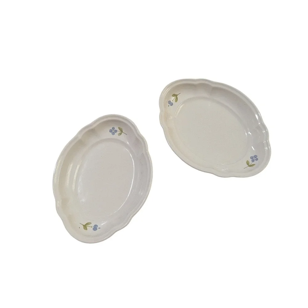 Pfaltzgraff Garland Relish Dish‎ Set of 2 Oval Scalloped Blue Floral Stoneware